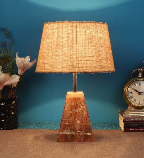 Brown Natural Fiber Shade Table Lamp With Brown Woodden Base