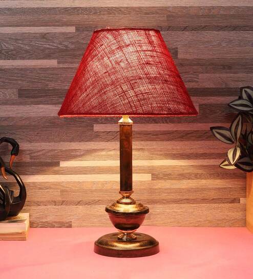 Brown Natural Fiber Shade Table Lamp With Copper Base By Foziq
