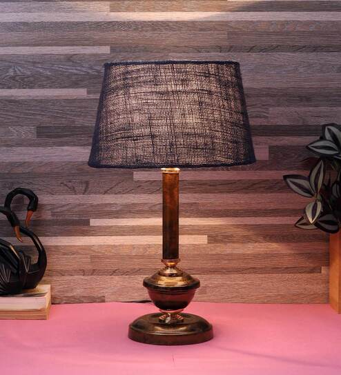 Brown Natural Fiber Shade Table Lamp With Copper Base By Foziq