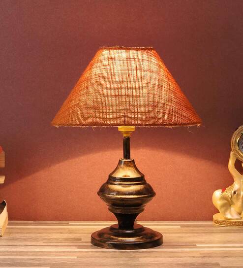 Brown Natural Fiber Shade Table Lamp With Copper Base By Foziq