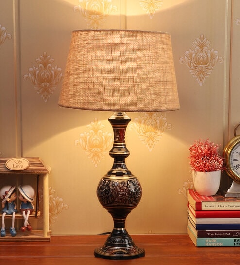 Brown Natural Fiber Shade Table Lamp With Golden Black Brass Base