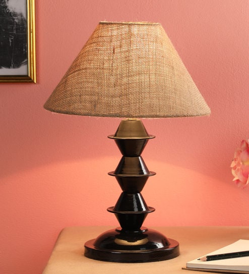 Brown Fabric Shade Table Lamp With Black Base By Foziq