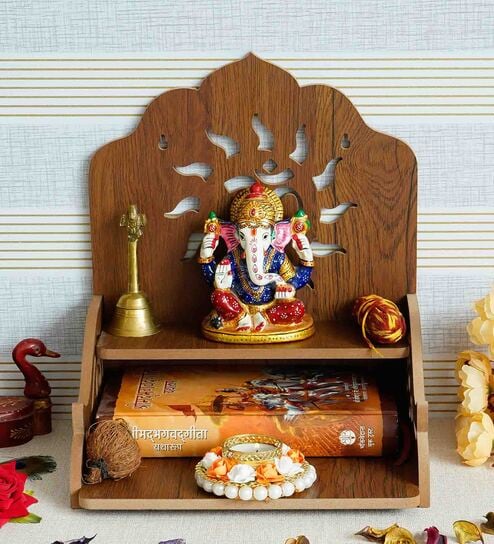 Brown Om Design Laminated Wood Pooja Shelf By eCraftIndia