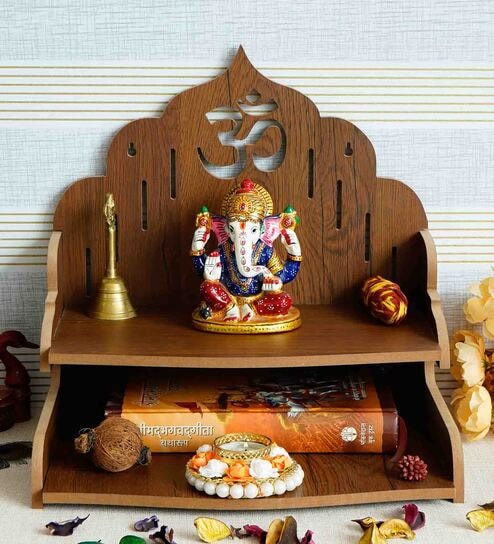 Brown Om Design Laminated Wood Pooja Shelf By eCraftIndia