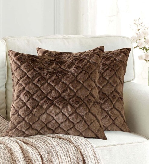 Brown Textured Polyester 16 x 16 Inches Cushion Covers (Set of 2)-image-33