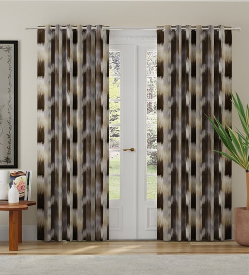 Brown Polyester Abstract 7ft Room Darkening Eyelet Door Curtains (2 Pc)