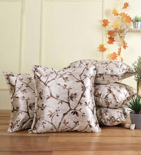 Brown Floral Polyester Blend 16 x 16 Inches Cushion Covers (Set of 5)