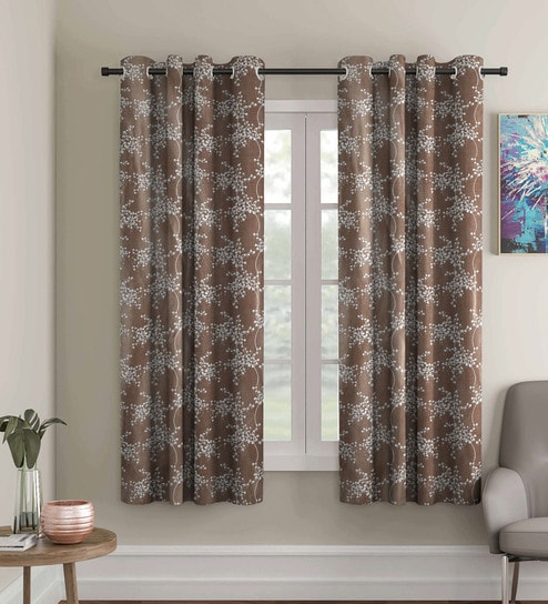 Brown Polyester Floral Light Filtering Eyelet 5 Feet Window Curtains (2 Pc)