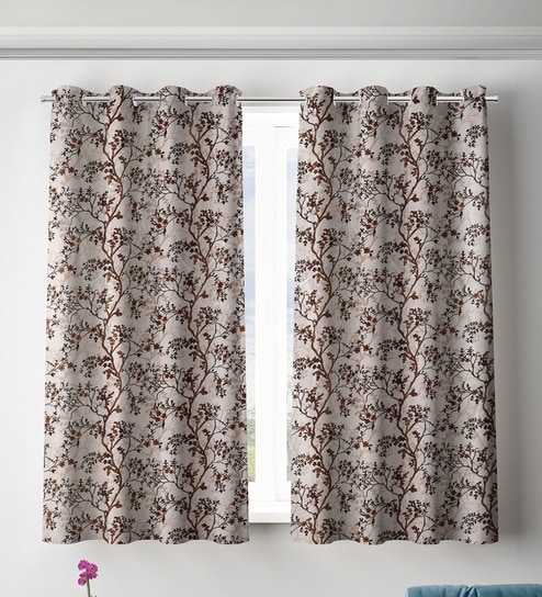 Brown Polyester Floral Light Filtering Eyelet 5 Feet Window Curtains (2 Pc)