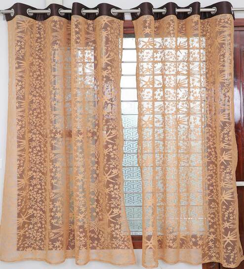 Brown Floral Polyester 5 Ft Sheer Eyelet Window Curtains (Set of 2)