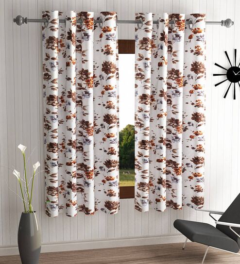 Brown Floral Polyester 5 Ft Semisheer Eyelet Window Curtains (Set of 2)
