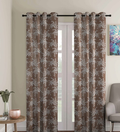 Brown Polyester Floral Light Filtering Eyelet 7 Feet Door Curtains (2 Pc)