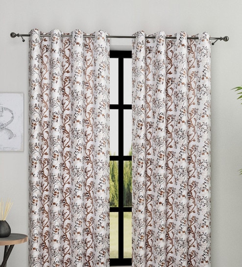 Brown Polyester Floral Light Filtering Eyelet 7 Feet Door Curtains (2 Pc)