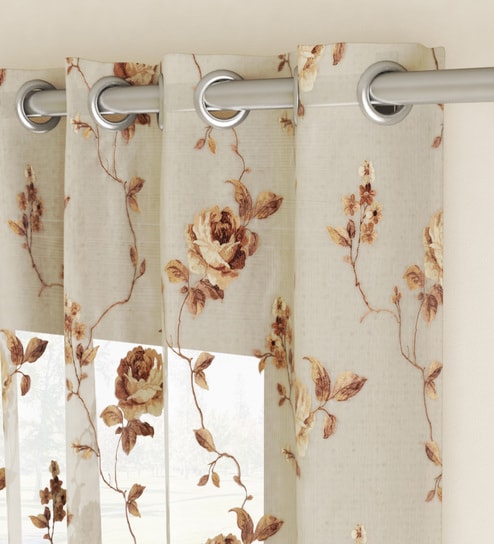 Brown Polyester Floral 7ft Sheer Eyelet 1 Pc Door Curtain by GM Fabrics