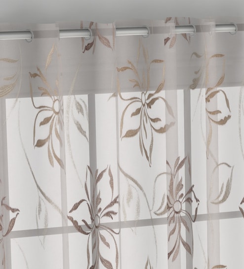 Brown Polyester Floral 7ft Sheer Eyelet 1 Pc Door Curtain by GM Fabrics