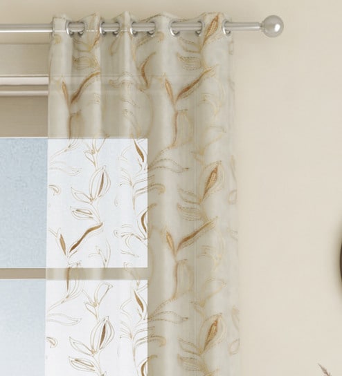 Brown Floral Polyester 7 Ft Sheer Eyelet Door Curtain by GM Fabrics