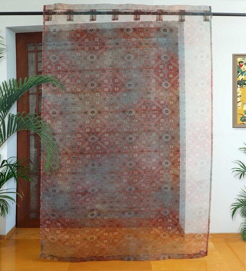 Brown Polyester Floral 7ft Sheer Fabric Loops Door Curtain by Zeba