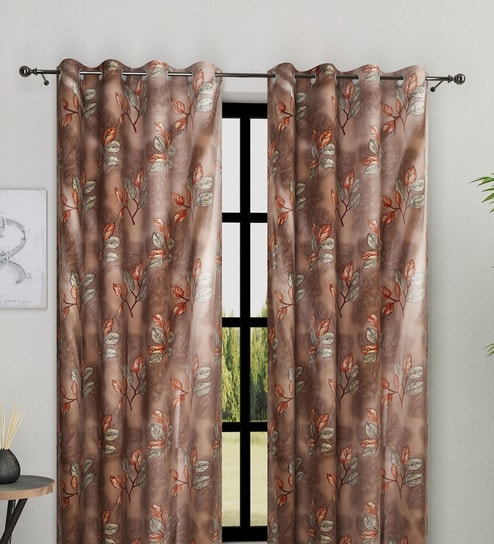 Brown Polyester Floral Light Filtering Eyelet 9 Feet Door Curtains (2 Pc)