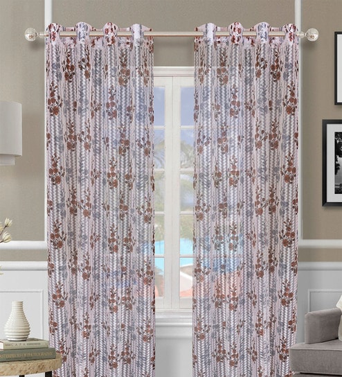Brown Polyester Floral Light Filtering Eyelet 9 Feet Door Curtains (2 Pc)