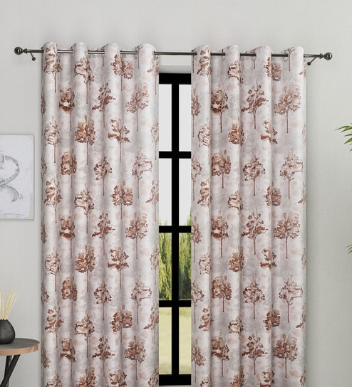Brown Polyester Floral Light Filtering Eyelet 9 Feet Door Curtains (2 Pc)