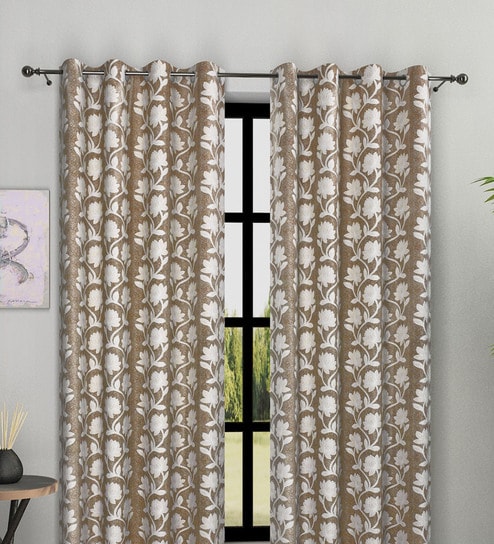 Brown Polyester Floral Light Filtering Eyelet 9 Feet Door Curtains (2 Pc)