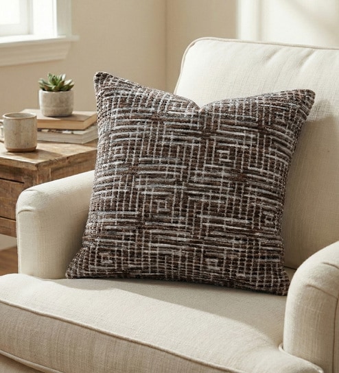 Brown Polyester Geometric 18x18 inches Cushion Cover