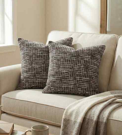 Brown Polyester Geometric 20x20 inches Cushion Covers Set of 2