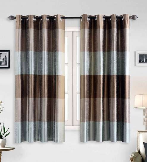 Brown Polyester Striped 5 Ft Blackout Eyelet 2 Window Curtains By Deco Window