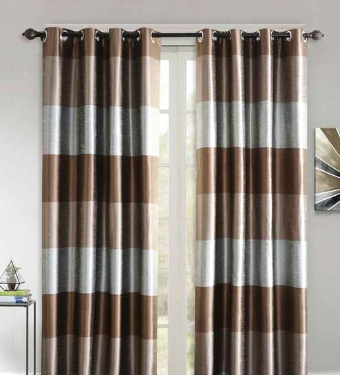 Brown Polyester Striped 9 Ft Blackout Eyelet 2 Curtains by Deco Window