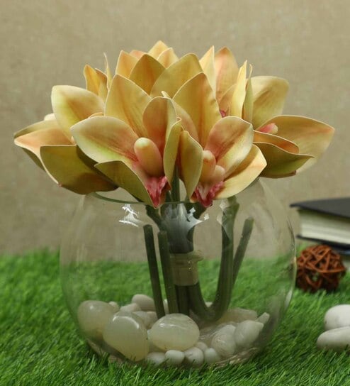 Brown Polyurethane Cymbedium Orchids Bunche Artificial Flowers