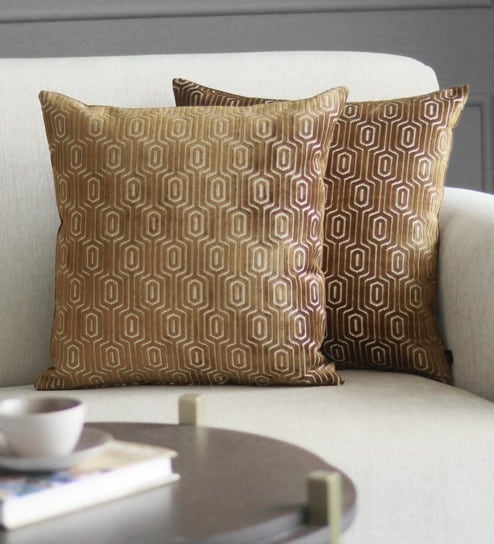 Brown Geometric Poly Viscose 16 x 16 Inches Cushion Covers (Set of 2) by GM Fabrics