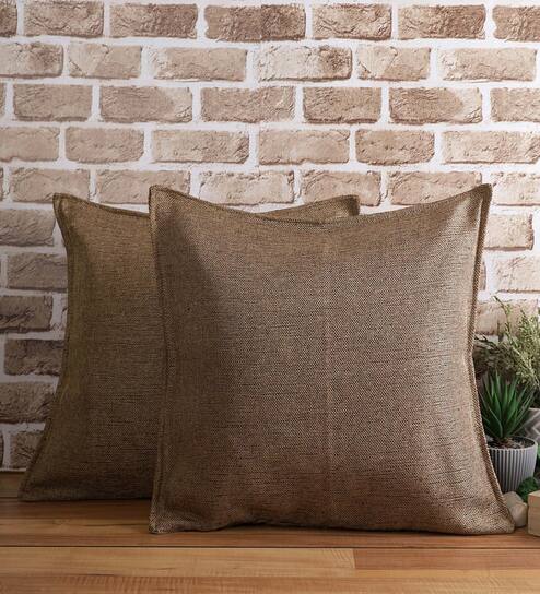 Brown Solid Jute 18 x 18 Inches Cushion Covers (Set of 2)