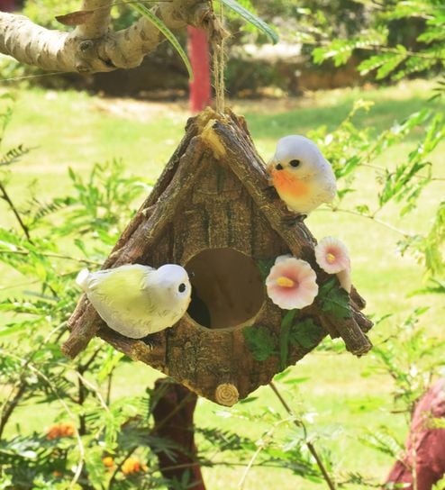 Buy Brown Resin Bird House With 2 Birds By Wonderland Online