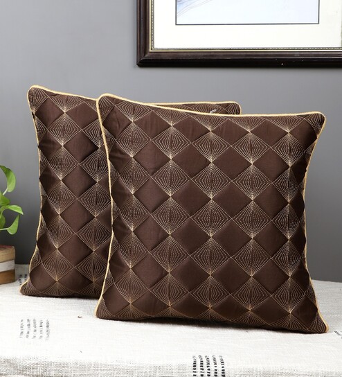 Brown Satin Abstract 16x16 inches Cushion Covers (Pack of 2)