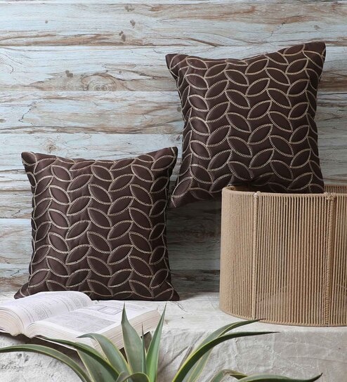 Brown Satin Floral 16x16 inches Cushion Covers (Pack of 2)