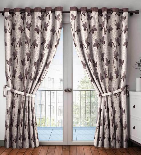 Brown Floral Polyester 9 Ft Semisheer Eyelet Door Curtains (Set of 2)