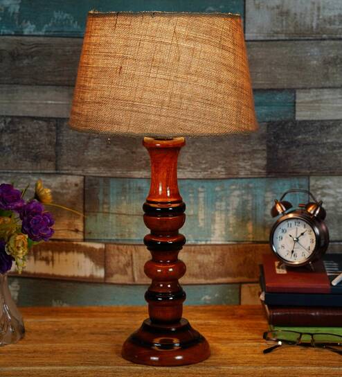 Yogasana Brown Fabric Shade Night Lamp With Wood Base By BrightDaisy