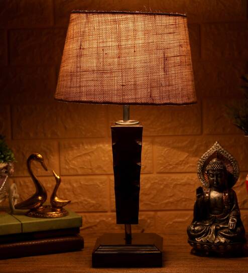 Claude Brown Natural Fiber Shade Night Lamp With Wood Base By BrightDaisy