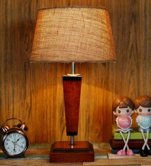 Milan Brown Natural Fiber Shade Night Lamp With Wood Base