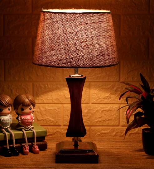 Canvas Brown Natural Fiber Shade Night Lamp With Wood Base By BrightDaisy