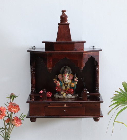Brown Sheehsam Wood Wall Mounted Mandir Without Door