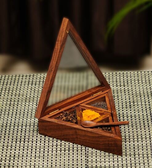 Brown Sheesham Wood 4 Containers (Each 40ml) Spice Box With Spoon
