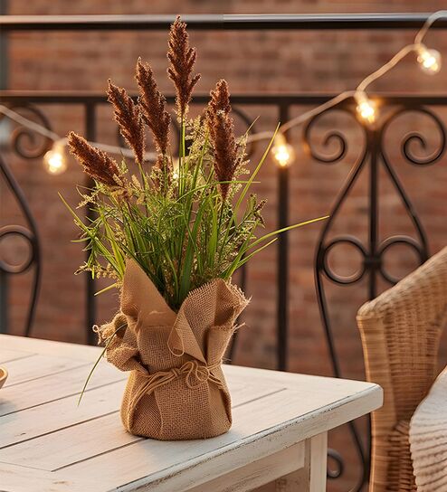 Brown Silk Plastic And Jute Faux Pampas Grass Arrangement Flower Bunch With Jute Wrap