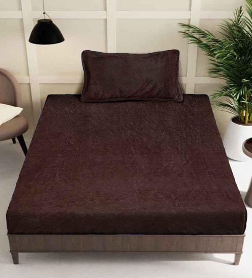Brown Solid 300 TC Woollen Fitted Single Bedsheet with Pillow Cover