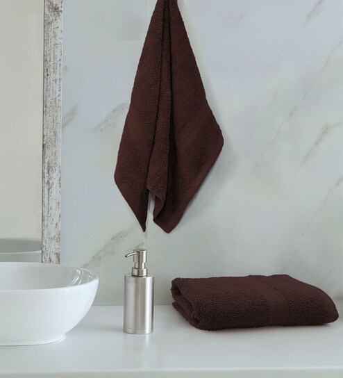 Brown Solid Cotton 500 GSM Hand Towel Set of 2