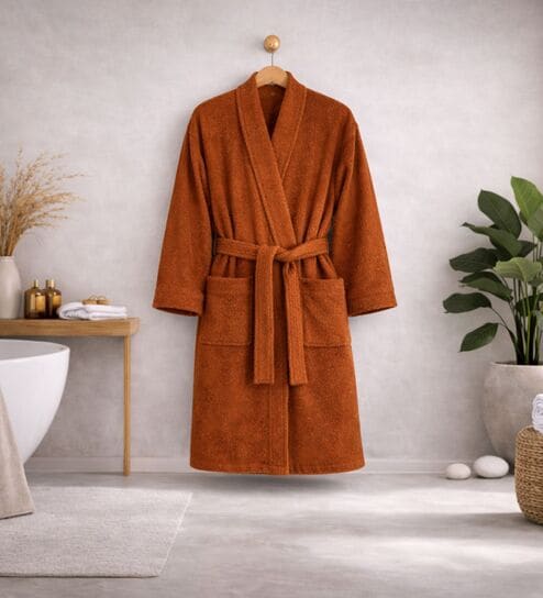 Brown Solid Cotton Men Bath Robe With Belt (XL)