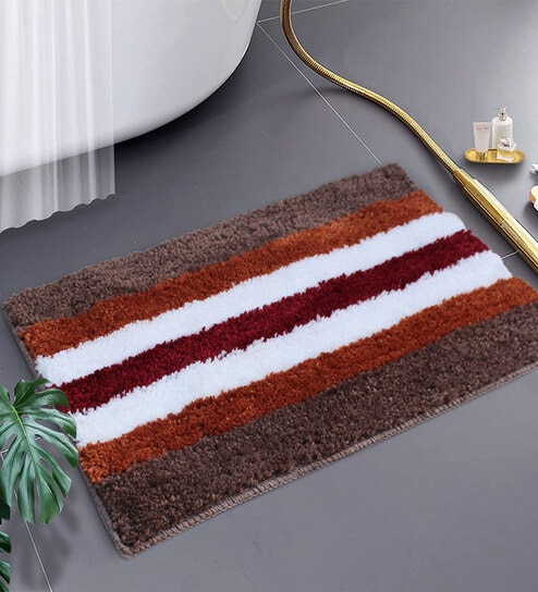 Brown Striped Microfibre 23x15 Inches AntiSkid Bath Mat