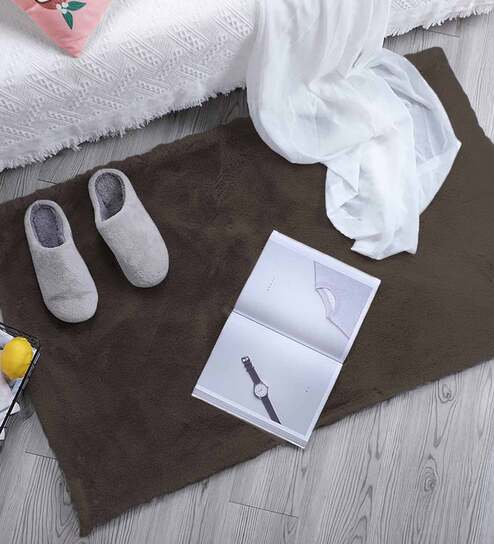 Brown Solid Polyester 30x18 Inches AntiSkid Bath Mat by Luxe Home International