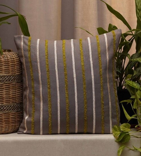 Brown Stripes Cotton Linen 16 X 16 Inches Cushion Cover  by Zeba