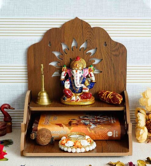 Brown Swastik Design Laminated Wood Pooja Shelf By eCraftIndia